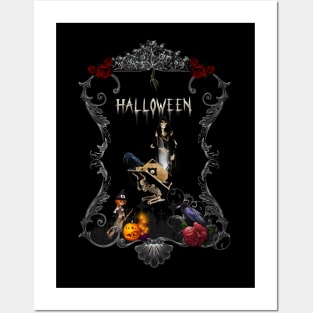 Funny halloween design with skeleton, witch and crows Posters and Art